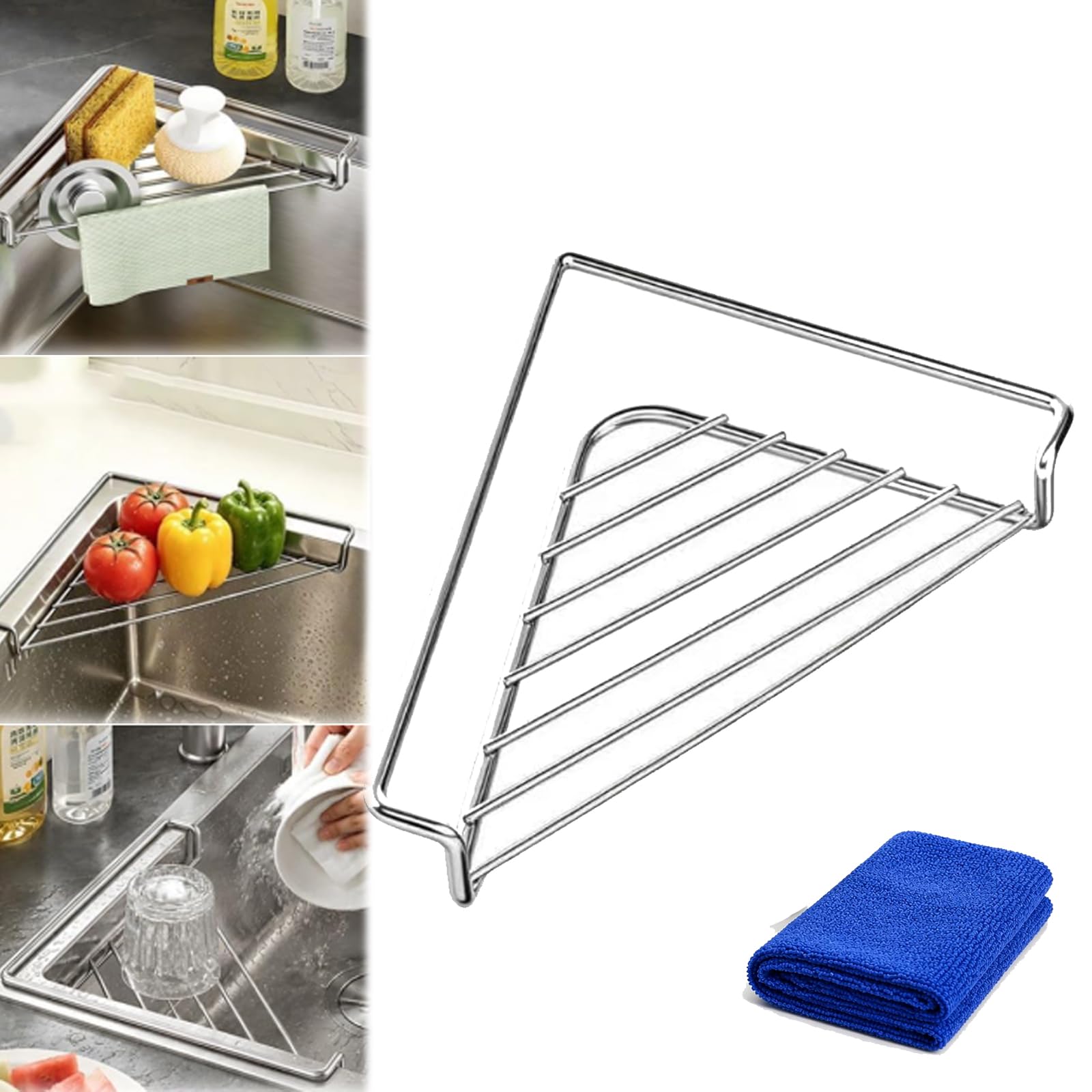 🧼 304 Stainless Steel Triangle Sink Corner Rack, Open Drainage Kitchen Sink Organizer for Sponge Dishcloth