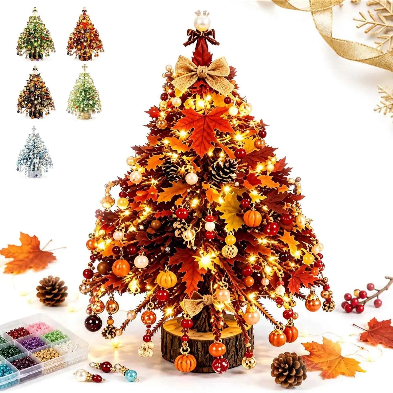 DIY Beaded Christmas Tree Kit, Crystal Craft Set with LED Lights & Angel Topper