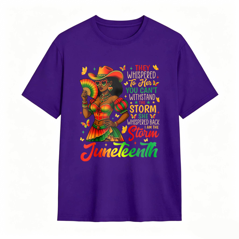 Juneteenth Celebration Woman In Colorful Dress Holding Fan With Inspirational Quote T-shirt