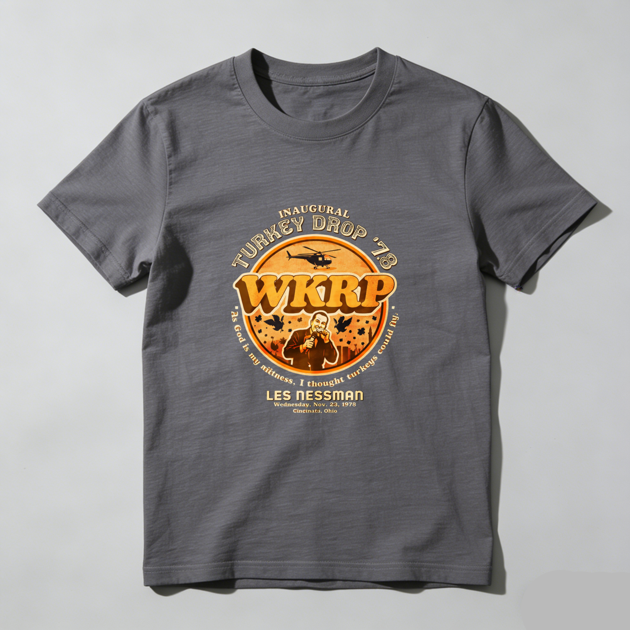Dorawear™ Inaugural Turkey Drop Wkrp Les Nessman Pure Cotton Short Sleeve T Shirt-Dorawear