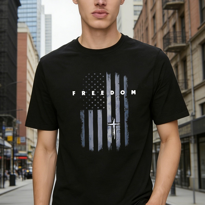 American Flag With Cross And Freedom Text Unisex Classic T-shirt