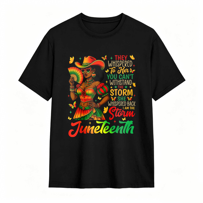 Juneteenth Celebration Woman In Colorful Dress Holding Fan With Inspirational Quote T-shirt