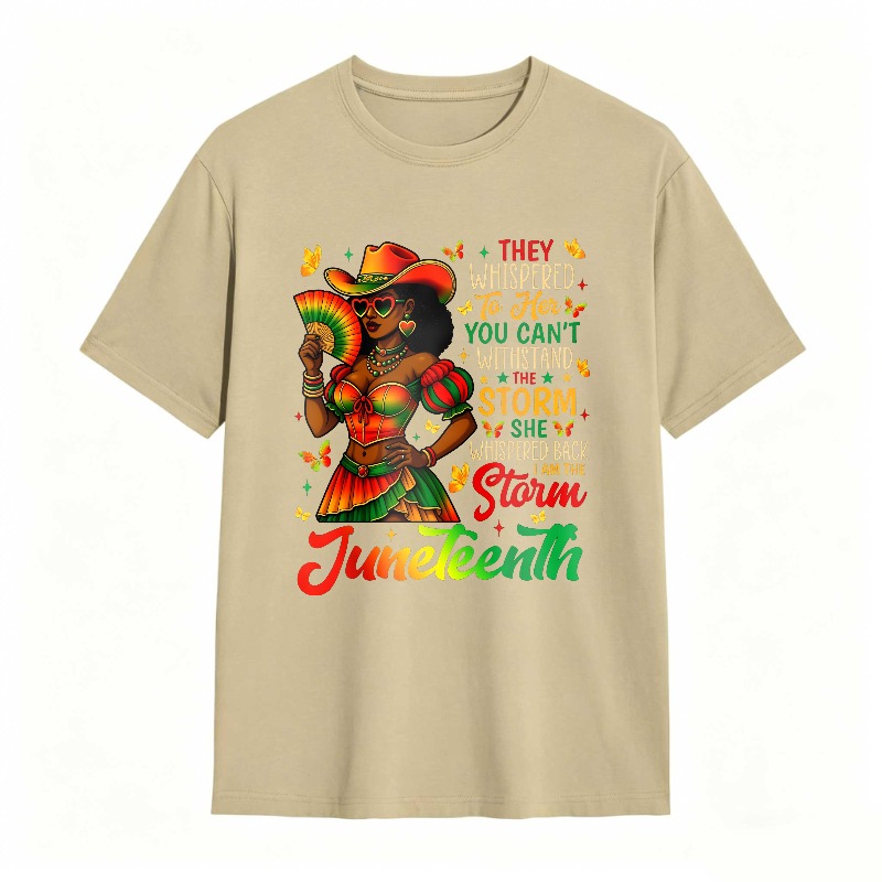 Juneteenth Celebration Woman In Colorful Dress Holding Fan With Inspirational Quote T-shirt