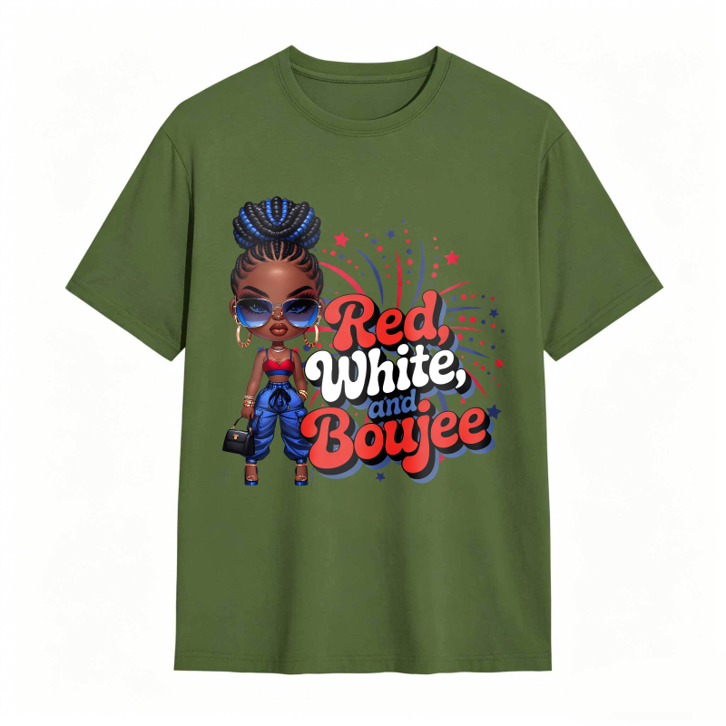 Red White And Boujee Cartoon Girl With Stars And Fireworks T-shirt