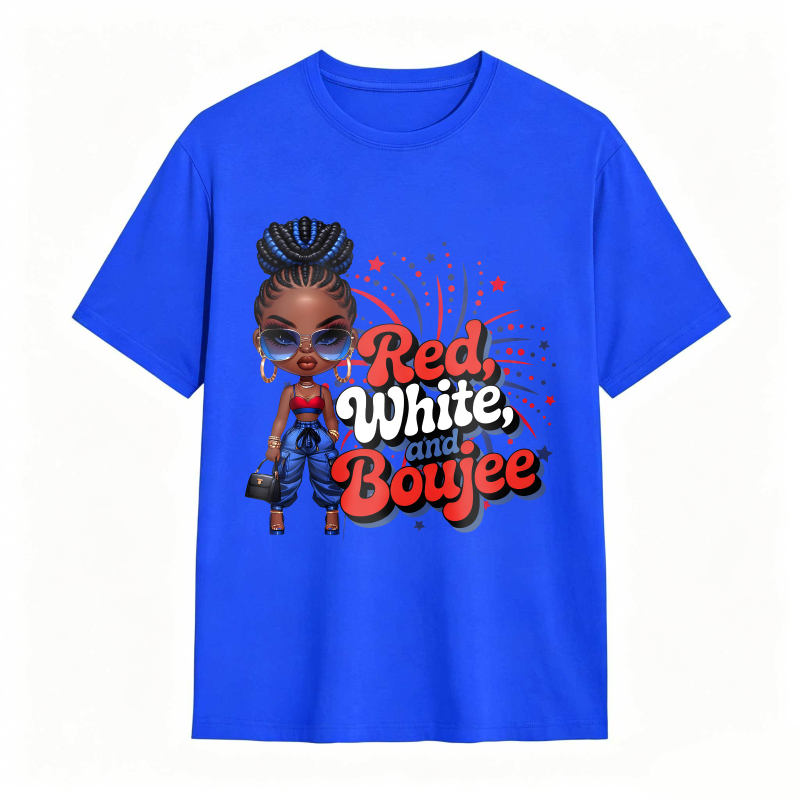Red White And Boujee Cartoon Girl With Stars And Fireworks T-shirt