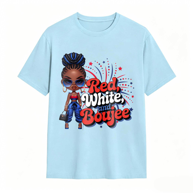 Red White And Boujee Cartoon Girl With Stars And Fireworks T-shirt