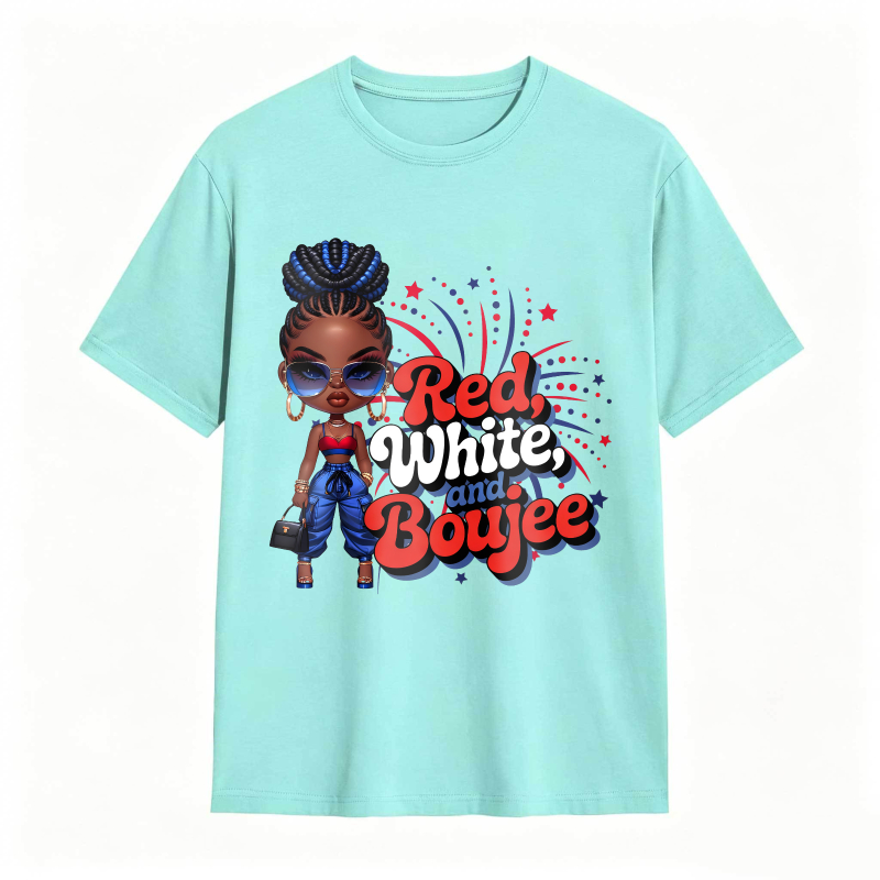 Red White And Boujee Cartoon Girl With Stars And Fireworks T-shirt