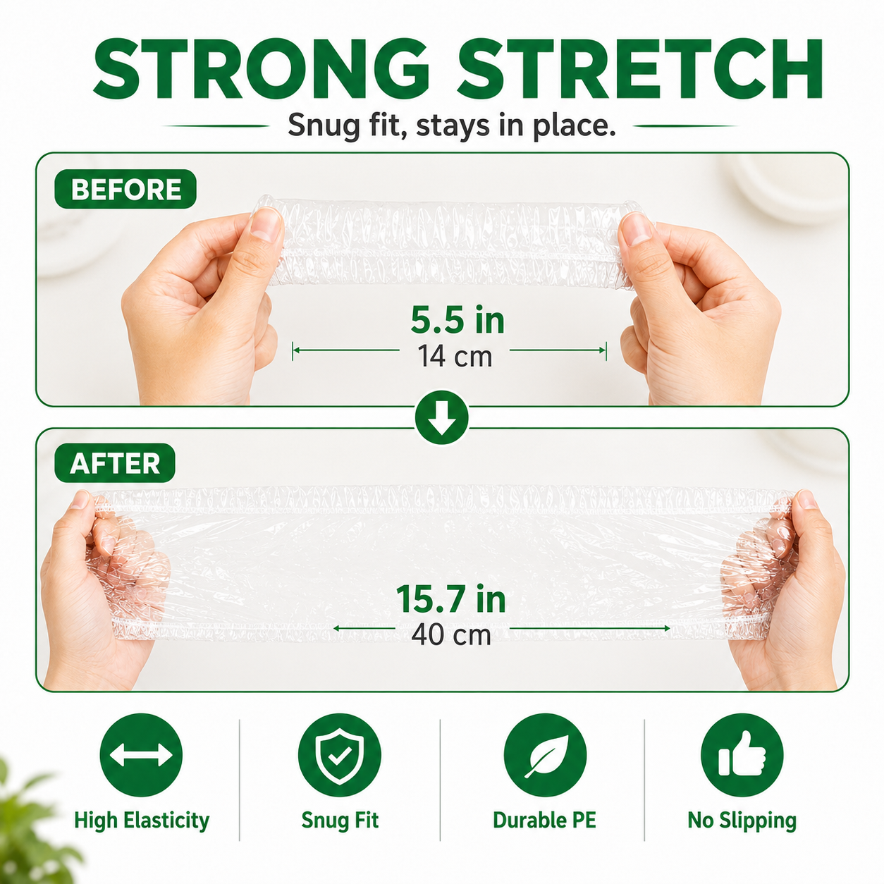 Elastic food cover shown before and after stretching from 5.5 to 15.7 inches
