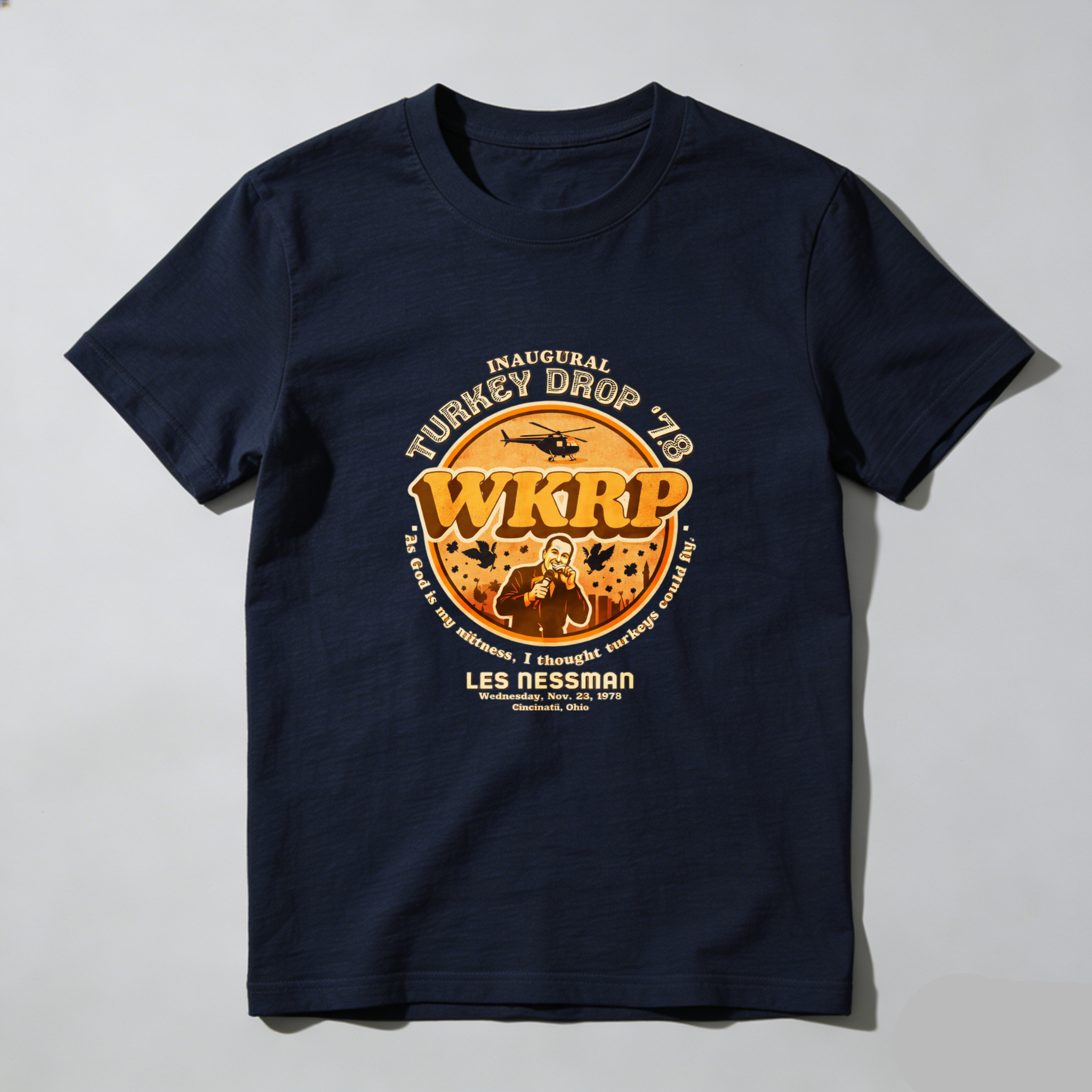 Dorawear™ Inaugural Turkey Drop Wkrp Les Nessman Pure Cotton Short Sleeve T Shirt-Dorawear