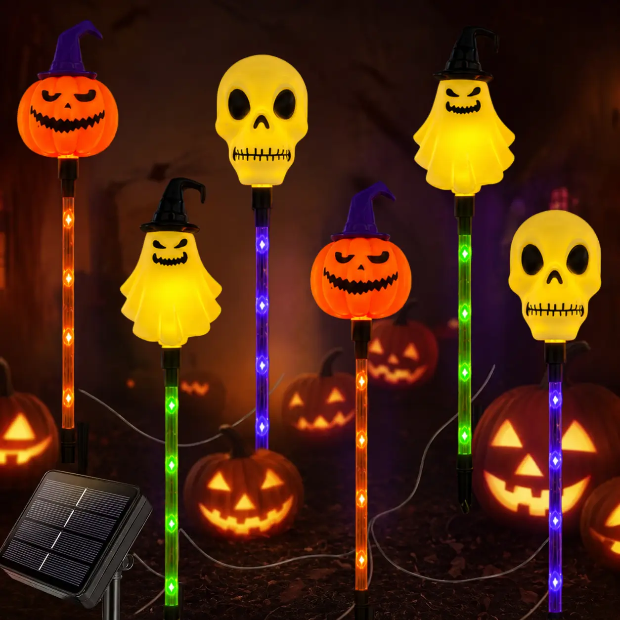 Halloween Solar Path Lights Set (6-Piece) - Outdoor Ghost Faces, Skeleton, Pumpkin Spooky Shapes with Plastic Frame, 8 Lighting Modes, IP65 Waterproof for Lawn, Sidewalk Home & Halloween Decorations