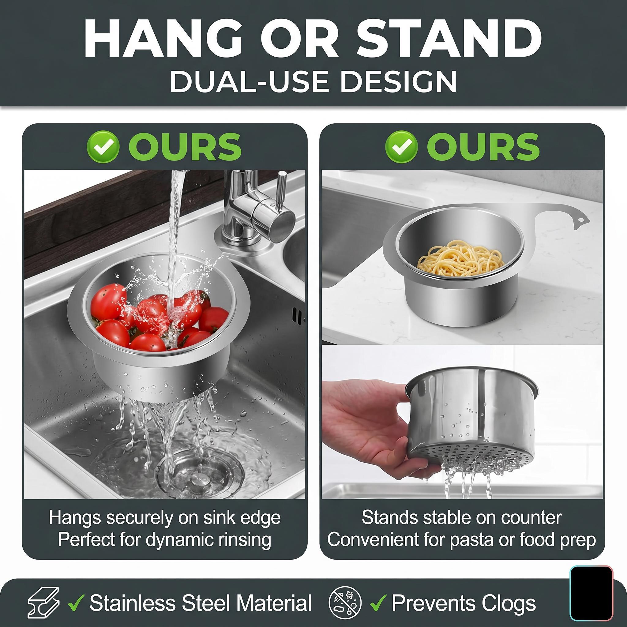 🥘 304 Stainless Steel Hanging Sink Colander, Dual Use Kitchen Strainer Basket for Fruit Vegetable Pasta