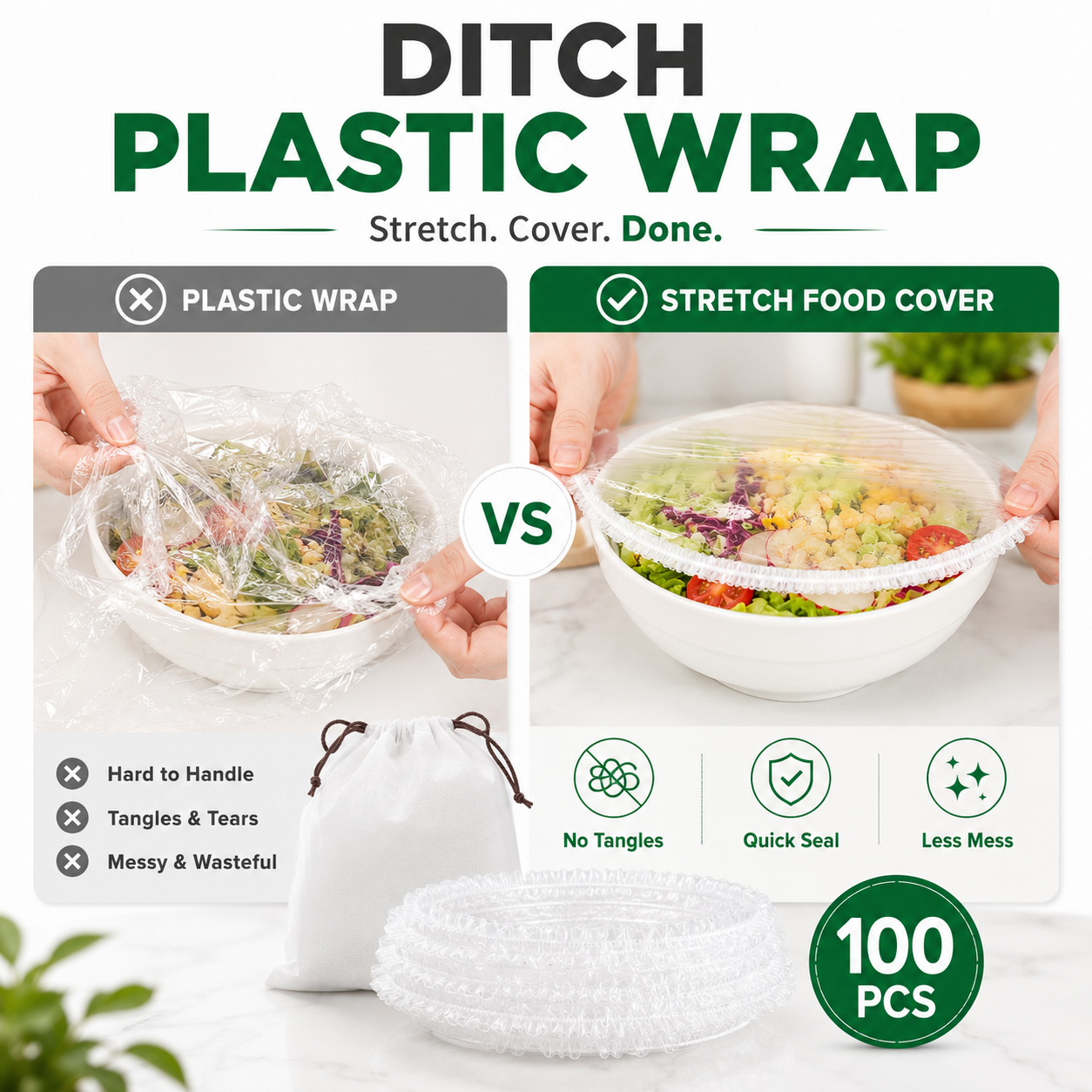 Plastic wrap compared with an easy elastic stretch food cover