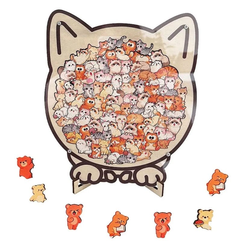 Wooden Cat-Shaped Puzzle Set