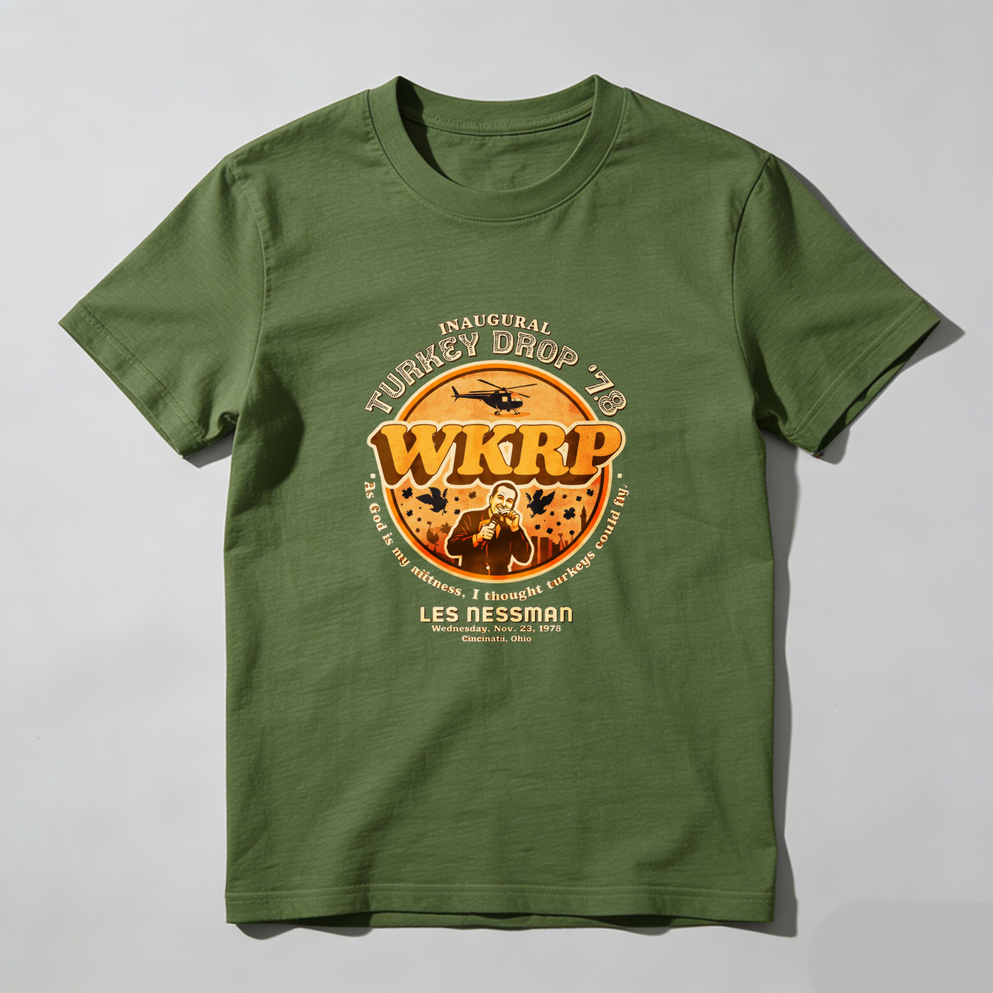 Dorawear™ Inaugural Turkey Drop Wkrp Les Nessman Pure Cotton Short Sleeve T Shirt-Dorawear