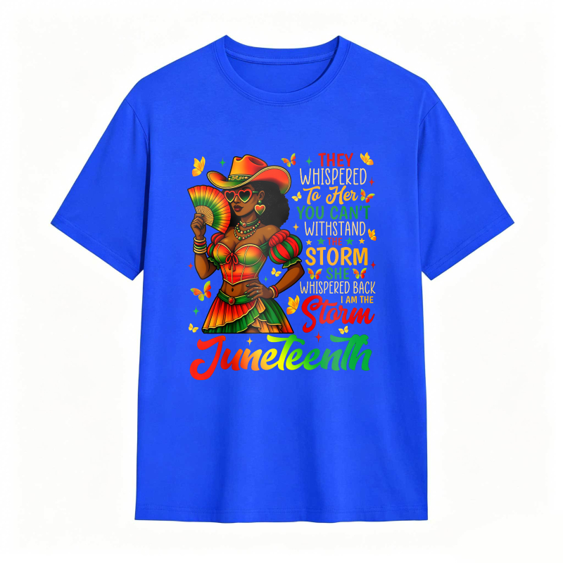 Juneteenth Celebration Woman In Colorful Dress Holding Fan With Inspirational Quote T-shirt