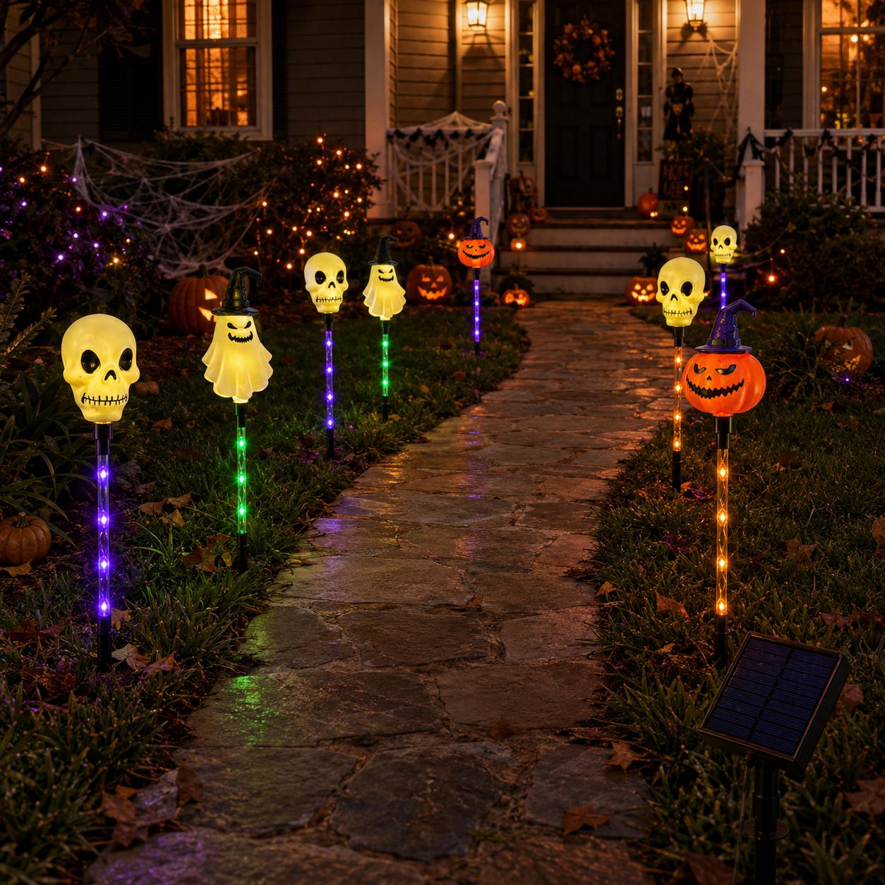 Halloween Solar Path Lights Set (6-Piece) - Outdoor Ghost Faces, Skeleton, Pumpkin Spooky Shapes with Plastic Frame, 8 Lighting Modes, IP65 Waterproof for Lawn, Sidewalk Home & Halloween Decorations