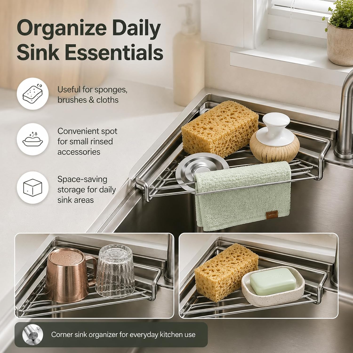 🧼 304 Stainless Steel Triangle Sink Corner Rack, Open Drainage Kitchen Sink Organizer for Sponge Dishcloth
