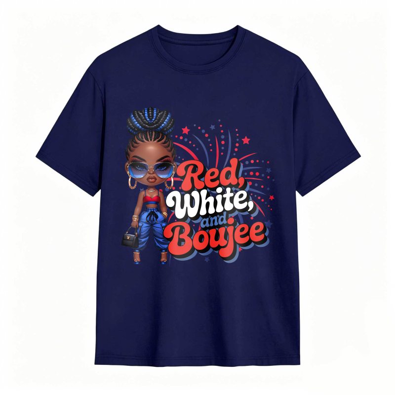 Red White And Boujee Cartoon Girl With Stars And Fireworks T-shirt