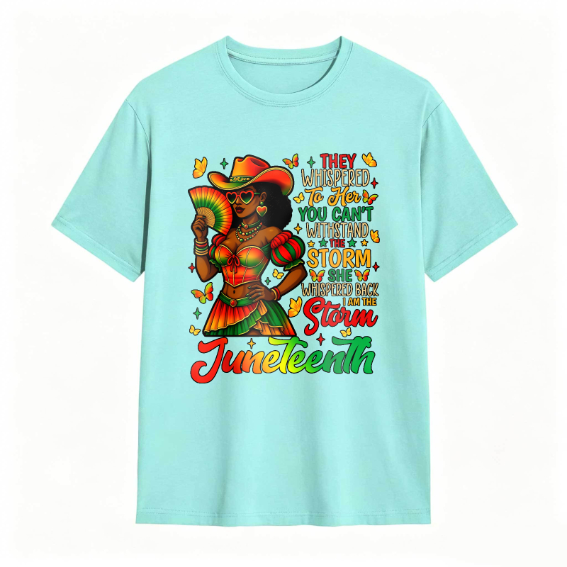 Juneteenth Celebration Woman In Colorful Dress Holding Fan With Inspirational Quote T-shirt