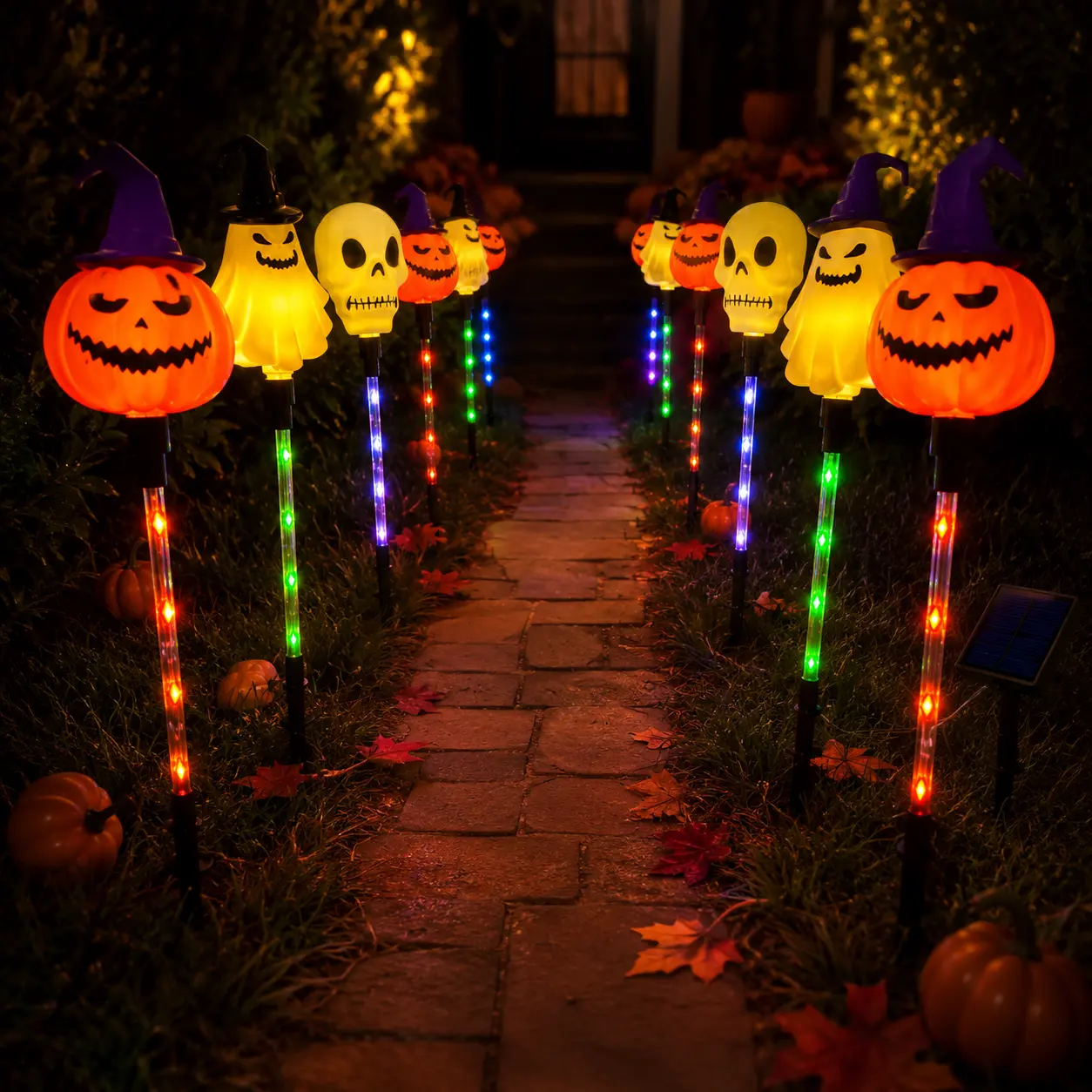 Halloween Solar Path Lights Set (6-Piece) - Outdoor Ghost Faces, Skeleton, Pumpkin Spooky Shapes with Plastic Frame, 8 Lighting Modes, IP65 Waterproof for Lawn, Sidewalk Home & Halloween Decorations