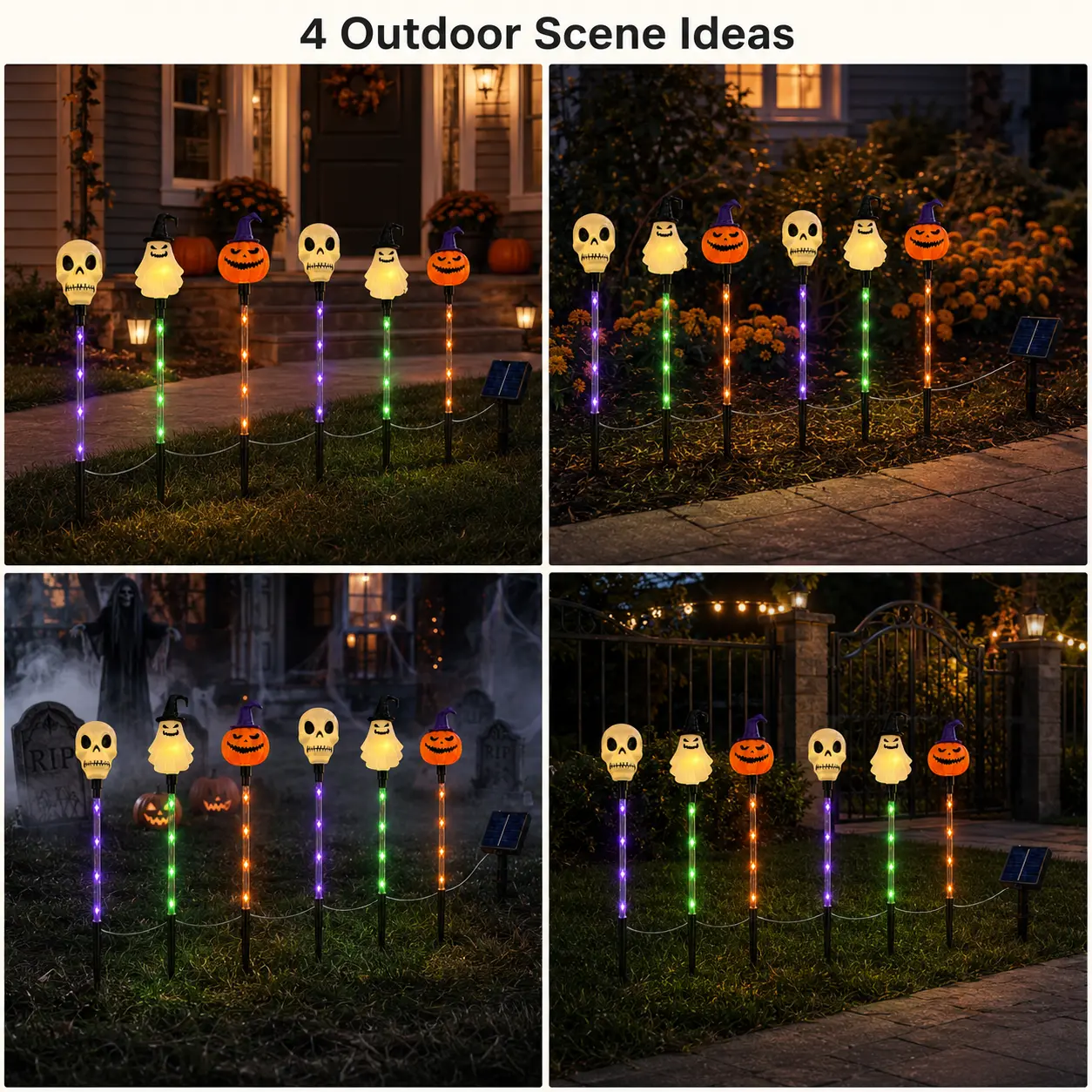 Halloween Solar Path Lights Set (6-Piece) - Outdoor Ghost Faces, Skeleton, Pumpkin Spooky Shapes with Plastic Frame, 8 Lighting Modes, IP65 Waterproof for Lawn, Sidewalk Home & Halloween Decorations