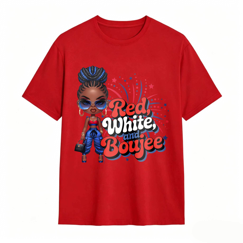 Red White And Boujee Cartoon Girl With Stars And Fireworks T-shirt