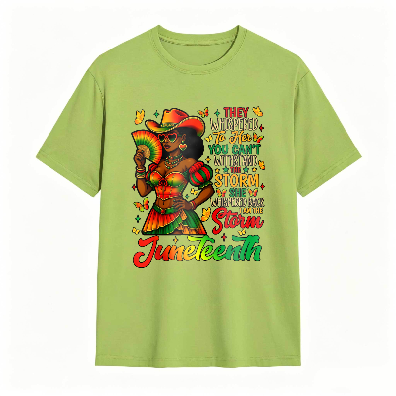 Juneteenth Celebration Woman In Colorful Dress Holding Fan With Inspirational Quote T-shirt