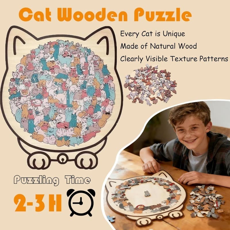 Wooden Cat-Shaped Puzzle Set