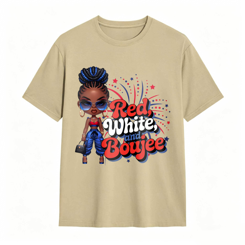 Red White And Boujee Cartoon Girl With Stars And Fireworks T-shirt