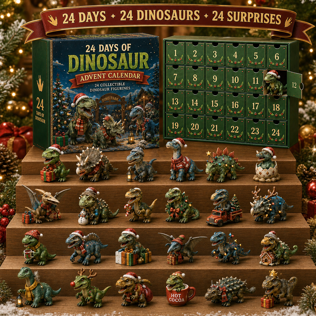 Full Christmas dinosaur Advent Calendar collection displayed together