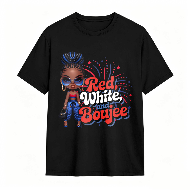 Red White And Boujee Cartoon Girl With Stars And Fireworks T-shirt