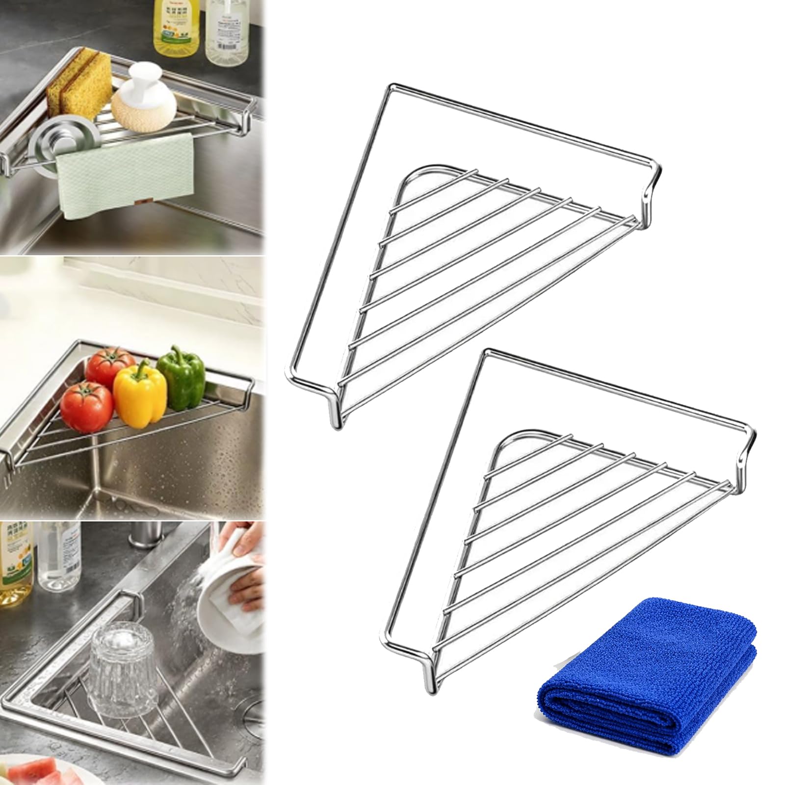 🧼 304 Stainless Steel Triangle Sink Corner Rack, Open Drainage Kitchen Sink Organizer for Sponge Dishcloth