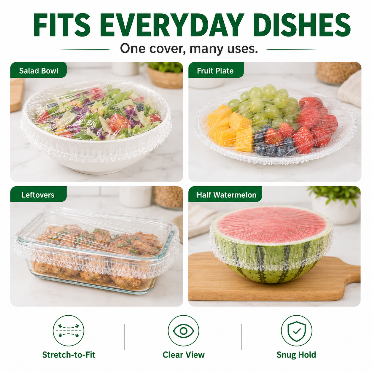 Elastic food covers used on bowls plates leftovers and half a watermelon