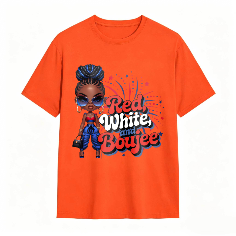 Red White And Boujee Cartoon Girl With Stars And Fireworks T-shirt