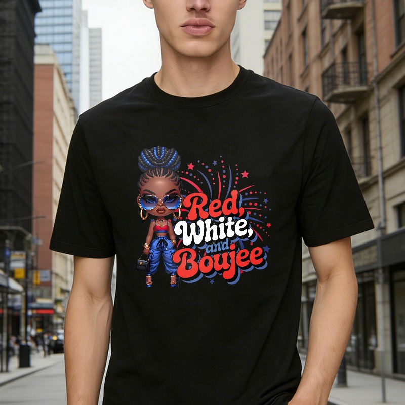 Red White And Boujee Cartoon Girl With Stars And Fireworks T-shirt