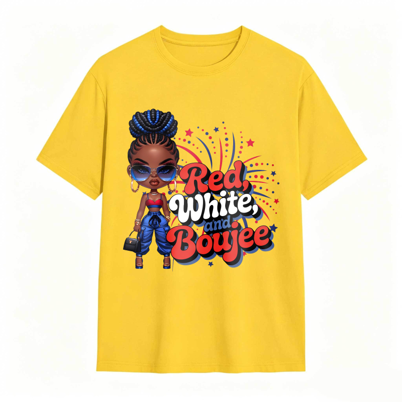 Red White And Boujee Cartoon Girl With Stars And Fireworks T-shirt