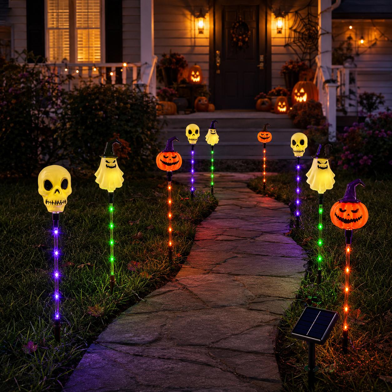 Halloween Solar Path Lights Set (6-Piece) - Outdoor Ghost Faces, Skeleton, Pumpkin Spooky Shapes with Plastic Frame, 8 Lighting Modes, IP65 Waterproof for Lawn, Sidewalk Home & Halloween Decorations