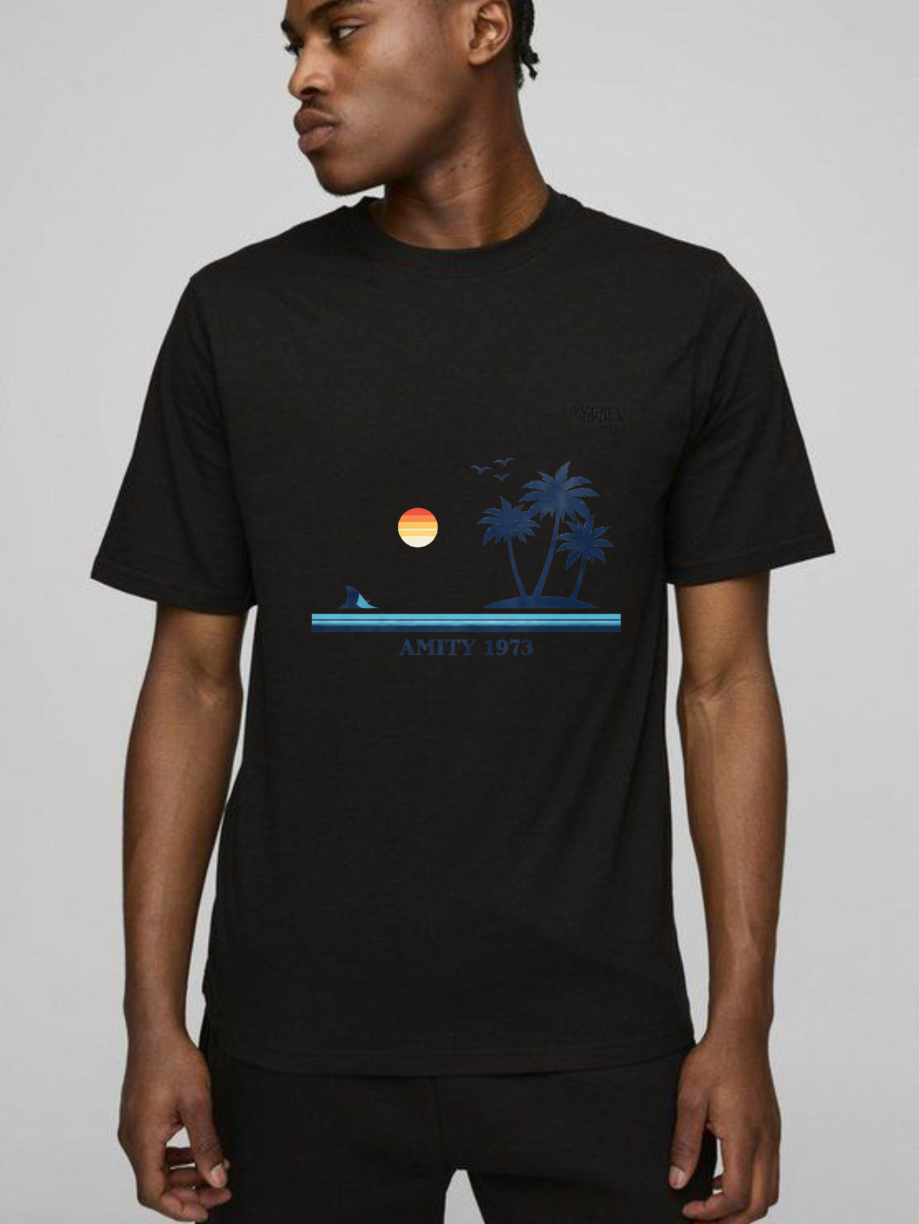 Dorawear™ Sunset Palm Trees Shark Amity 1973 Pure Cotton Short Sleeve T Shirt-Dorawear