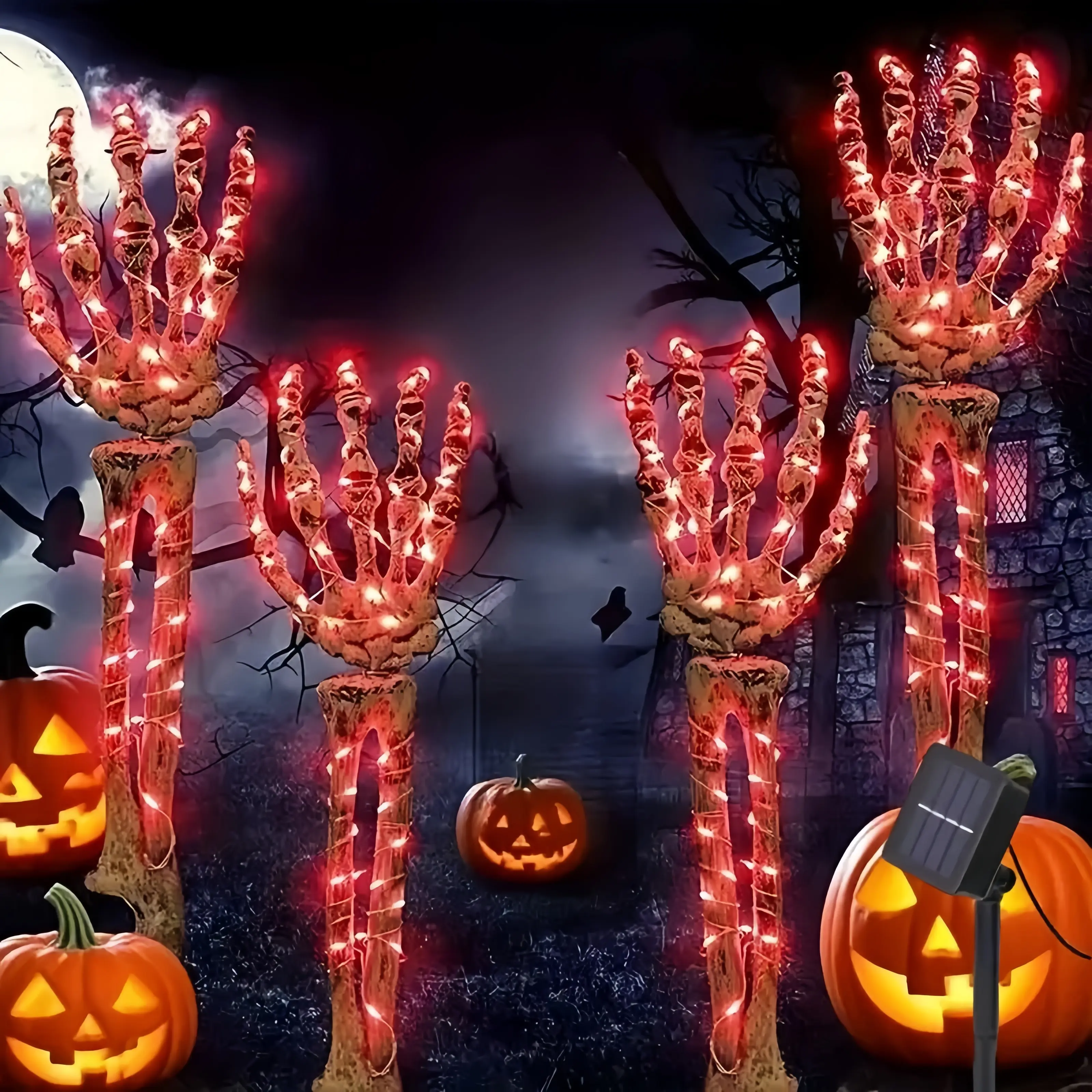 4-Piece Set, Hand Decoration Lights, Red Glow - 8 Light Modes Outdoor Solar-Powered Skeleton Ground Spikes Terrifying Atmosphere for Courtyards, Gardens, and Pathways Party Decorations Decorations