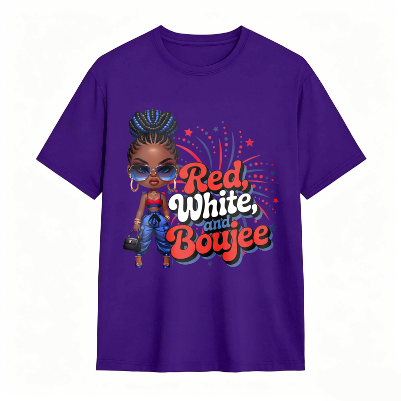 Red White And Boujee Cartoon Girl With Stars And Fireworks T-shirt