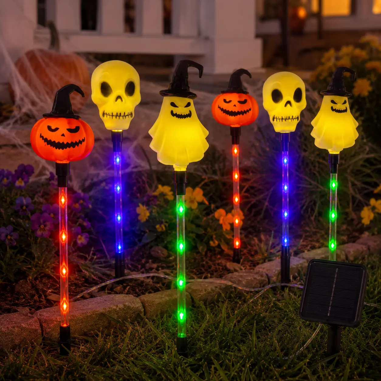 Halloween Solar Path Lights Set (6-Piece) - Outdoor Ghost Faces, Skeleton, Pumpkin Spooky Shapes with Plastic Frame, 8 Lighting Modes, IP65 Waterproof for Lawn, Sidewalk Home & Halloween Decorations