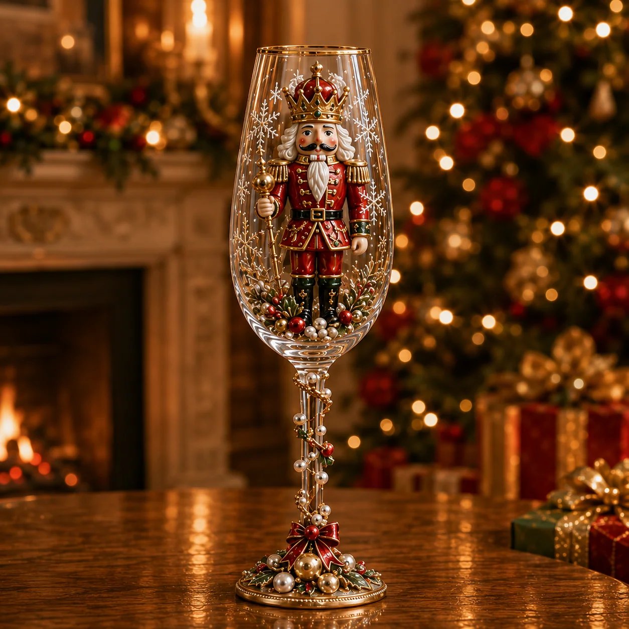 Raised Christmas collector champagne glass details