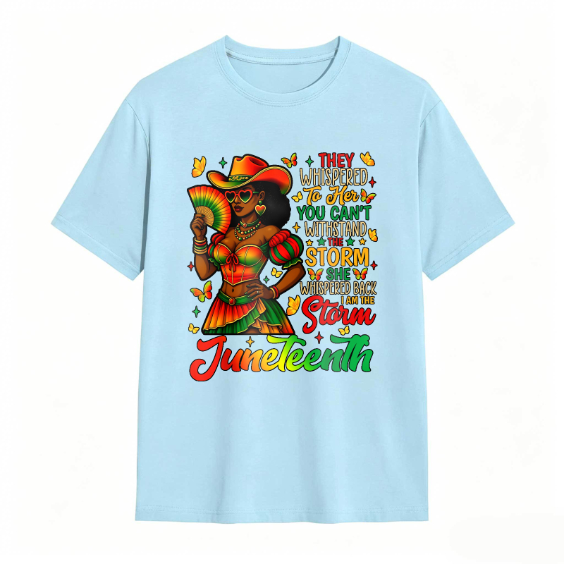 Juneteenth Celebration Woman In Colorful Dress Holding Fan With Inspirational Quote T-shirt