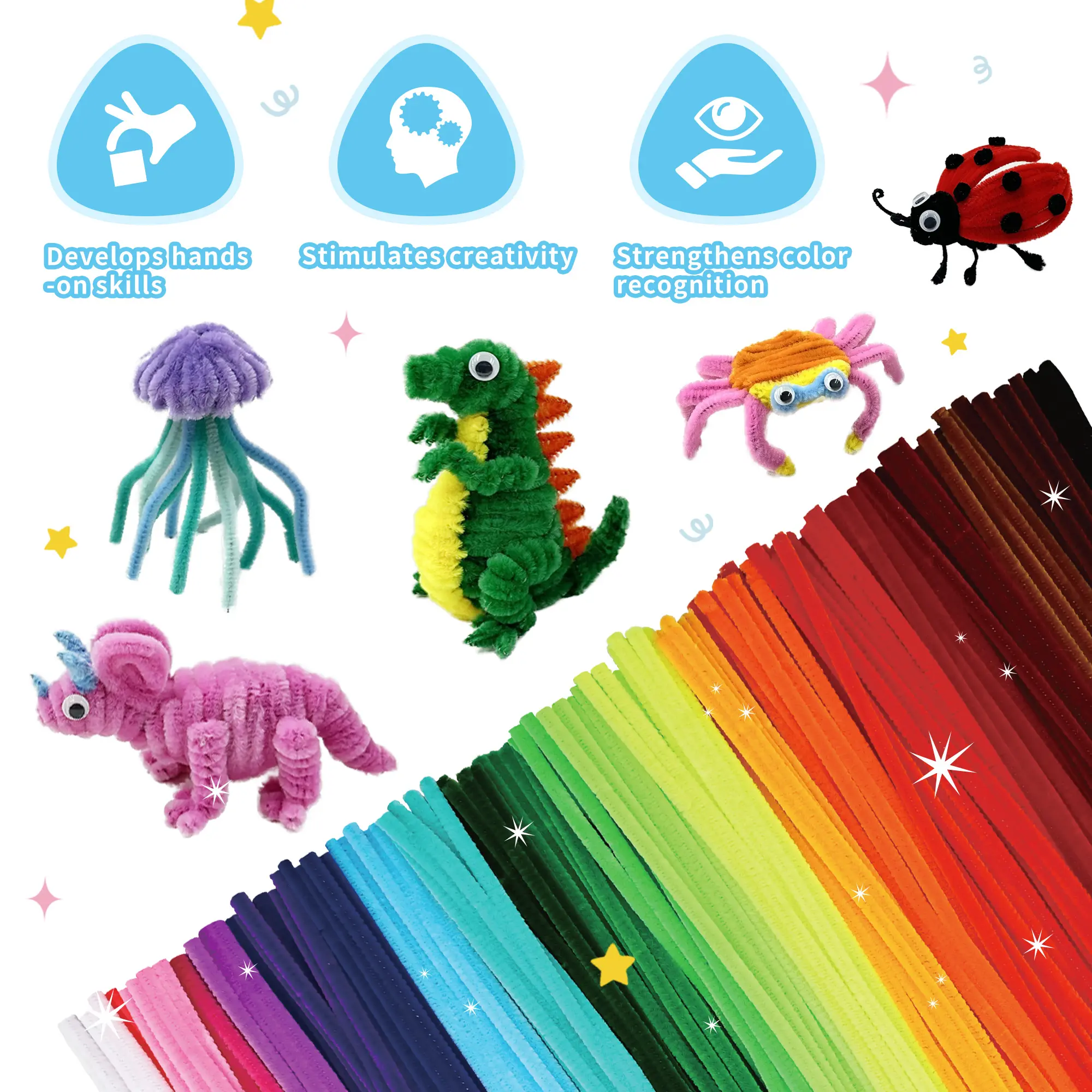 CraftSpot 1200/572 Pcs Chenille Pipe Cleaners for Crafts – 24/13 Assorted Colors Fuzzy Soft Plush Stems, DIY Forever Flowers Bouquet Kit, Kids Classroom Sensory Art Project, Handmade Wedding Home Decor, Bulk Art Supplies tiktokshopbacktoschool