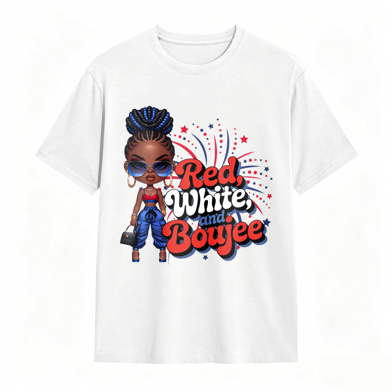 Red White And Boujee Cartoon Girl With Stars And Fireworks T-shirt