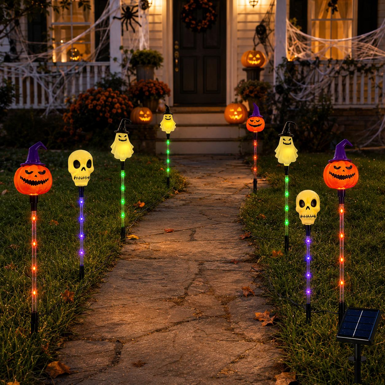 Halloween Solar Path Lights Set (6-Piece) - Outdoor Ghost Faces, Skeleton, Pumpkin Spooky Shapes with Plastic Frame, 8 Lighting Modes, IP65 Waterproof for Lawn, Sidewalk Home & Halloween Decorations