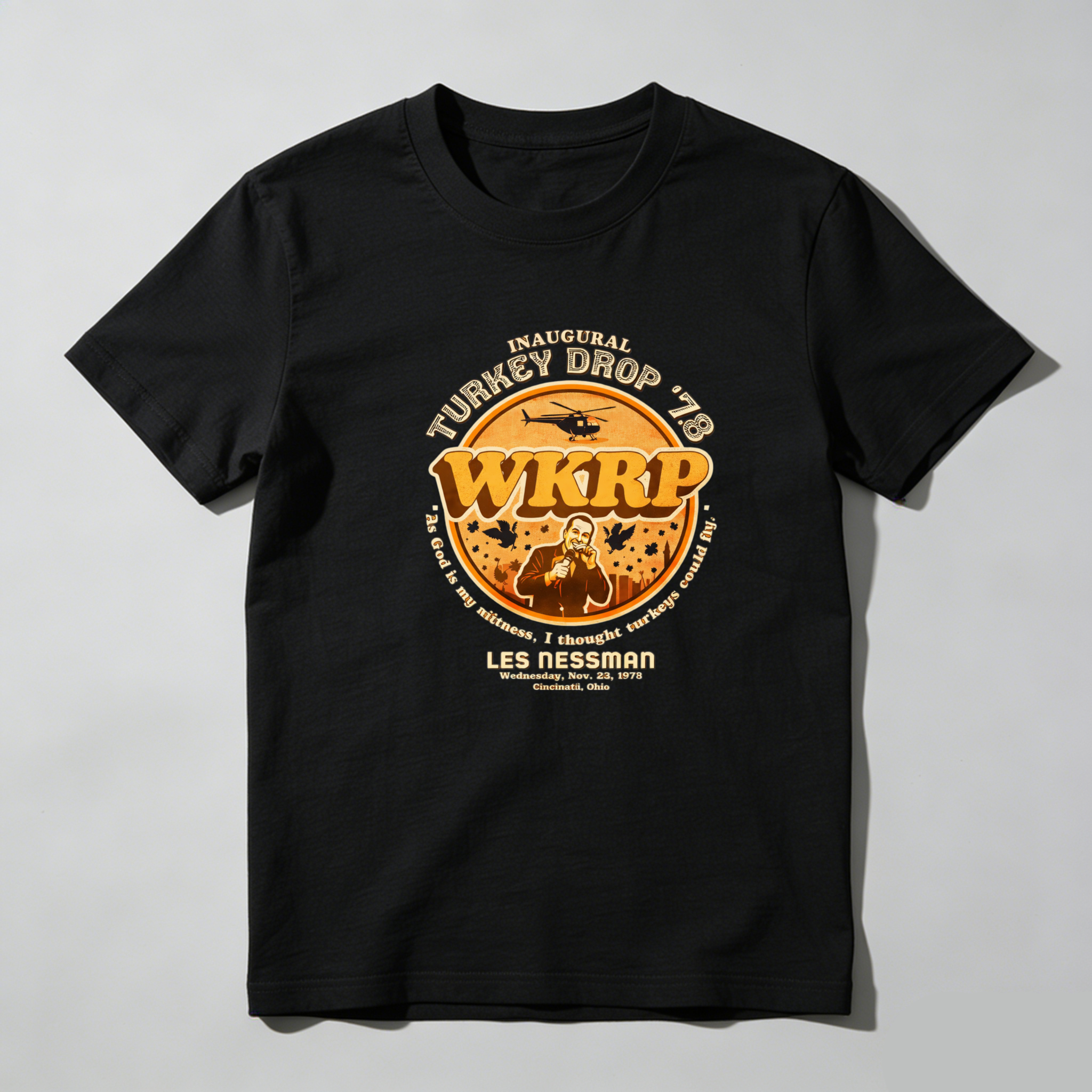 Dorawear™ Inaugural Turkey Drop Wkrp Les Nessman Pure Cotton Short Sleeve T Shirt-Dorawear