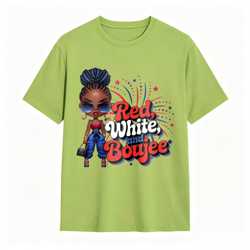 Red White And Boujee Cartoon Girl With Stars And Fireworks T-shirt