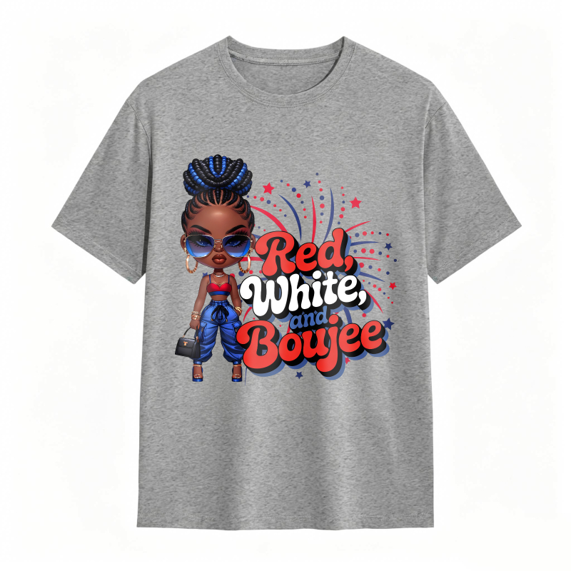 Red White And Boujee Cartoon Girl With Stars And Fireworks T-shirt