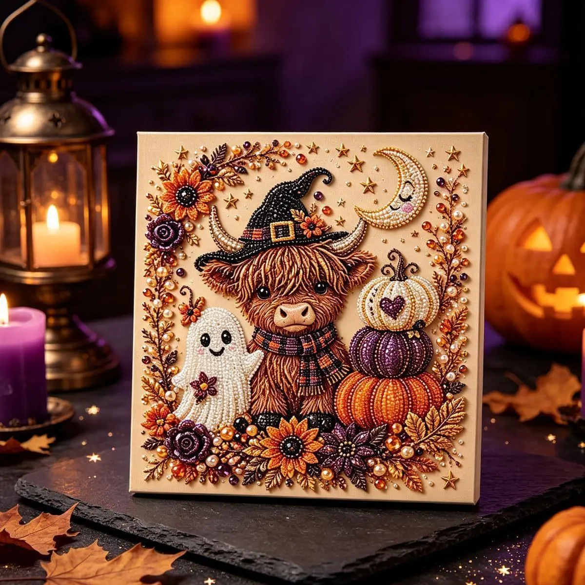 Diamond Art Kit for Beginners, DIY Halloween Witch on Moon Bead Painting, Sparkling Pearl-Style Craft Set for Fall Wall Decor, Halloween Decor, Diamond Art Kits, Colorful, Beads